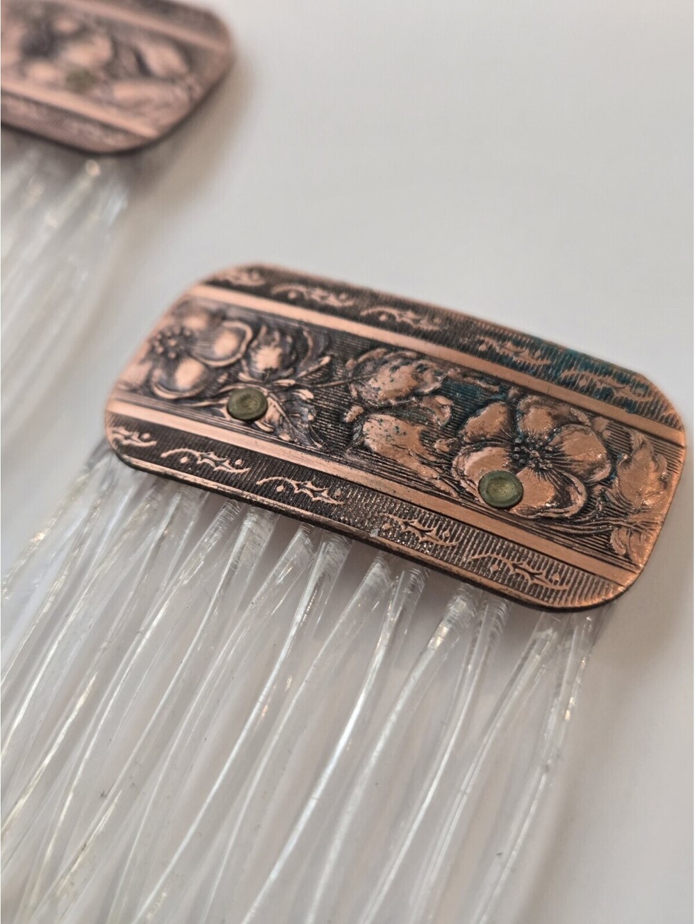 VTG Copper Hair Clip Comb Engraved Ornate Barrette Floral Pair Set of 2 Updo